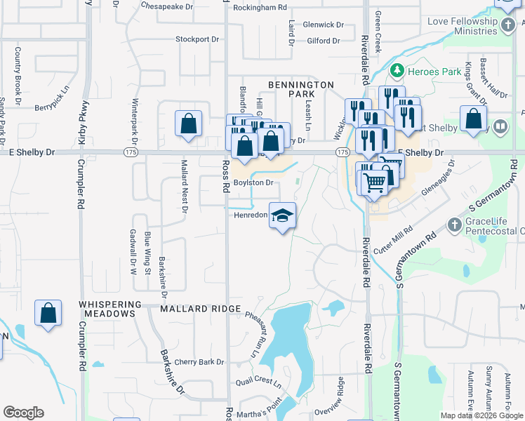 map of restaurants, bars, coffee shops, grocery stores, and more near 6756 Henredon Drive in Memphis