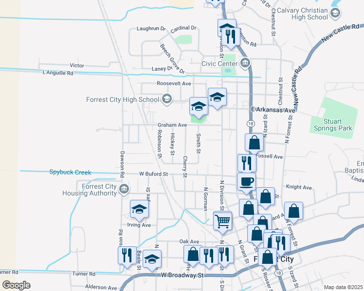map of restaurants, bars, coffee shops, grocery stores, and more near 947 Cherry Street in Forrest City