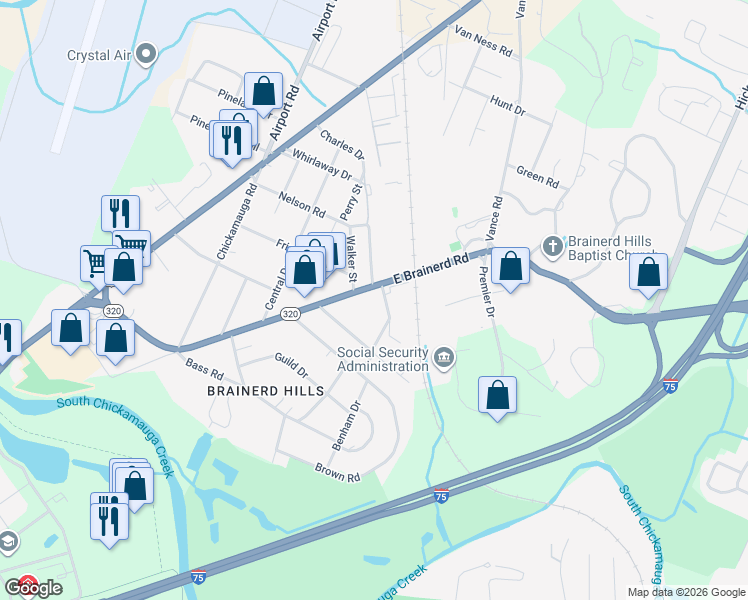 map of restaurants, bars, coffee shops, grocery stores, and more near 6488 East Brainerd Road in Chattanooga