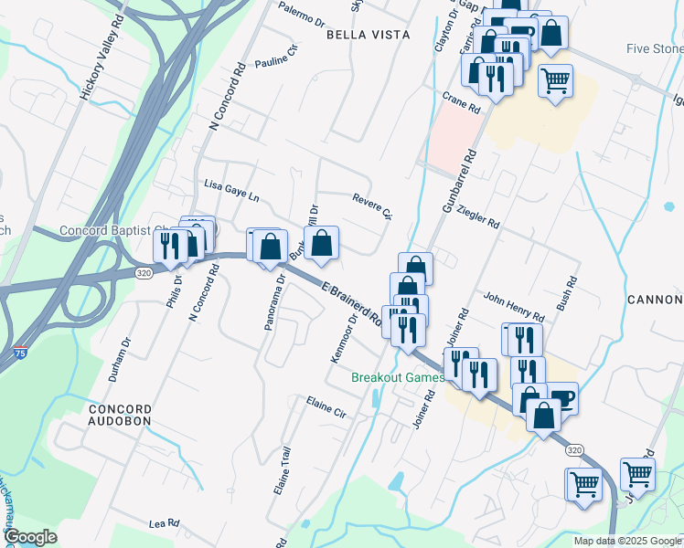 map of restaurants, bars, coffee shops, grocery stores, and more near 7249 East Brainerd Road in Chattanooga