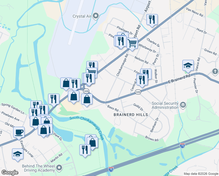 map of restaurants, bars, coffee shops, grocery stores, and more near 119 Chickamauga Road in Chattanooga