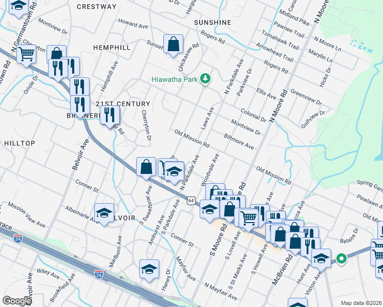 map of restaurants, bars, coffee shops, grocery stores, and more near 109 North Parkdale Avenue in Chattanooga
