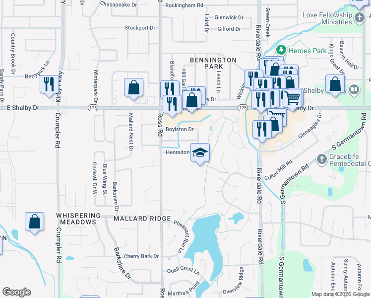 map of restaurants, bars, coffee shops, grocery stores, and more near 6756 Henredon Drive in Memphis