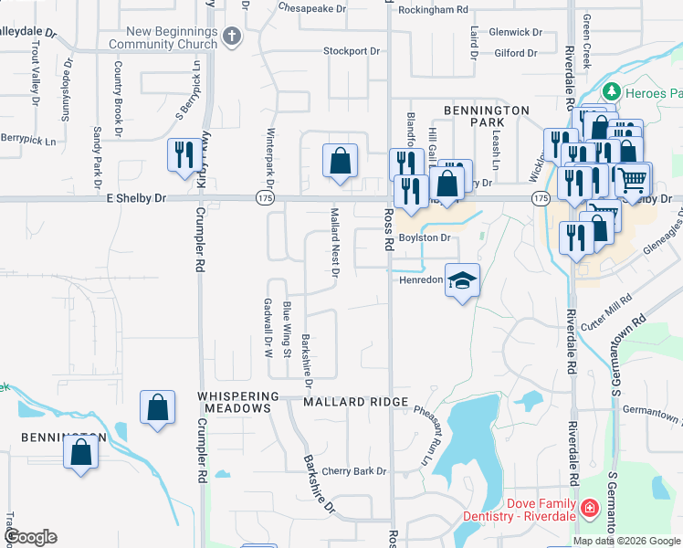 map of restaurants, bars, coffee shops, grocery stores, and more near 6619 Duckling Cove in Memphis