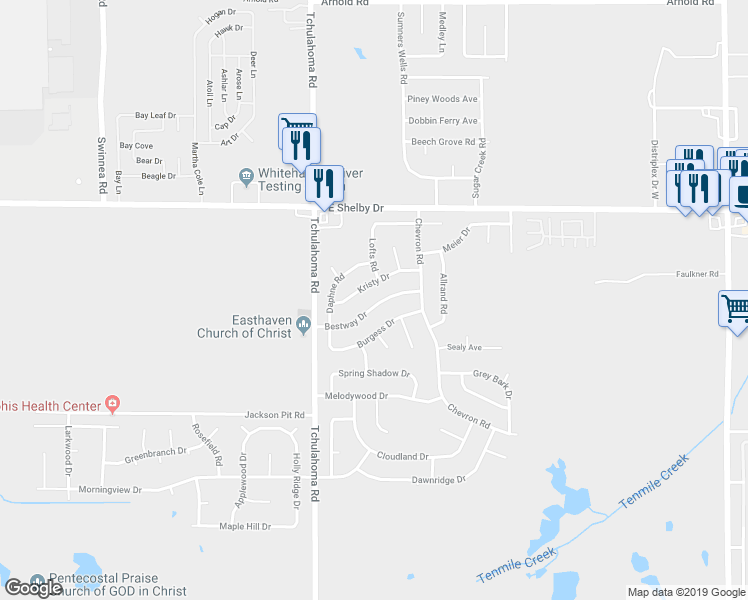 map of restaurants, bars, coffee shops, grocery stores, and more near 3350 Bestway Drive in Memphis