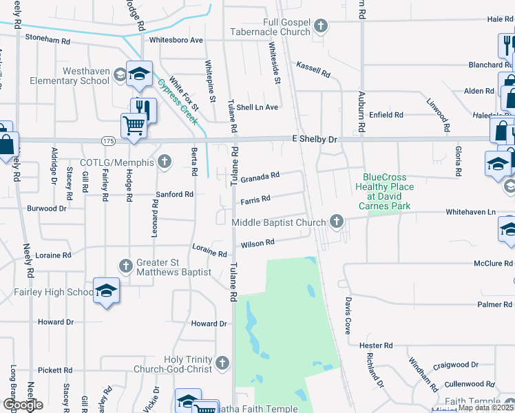 map of restaurants, bars, coffee shops, grocery stores, and more near 661 Farris Road in Memphis