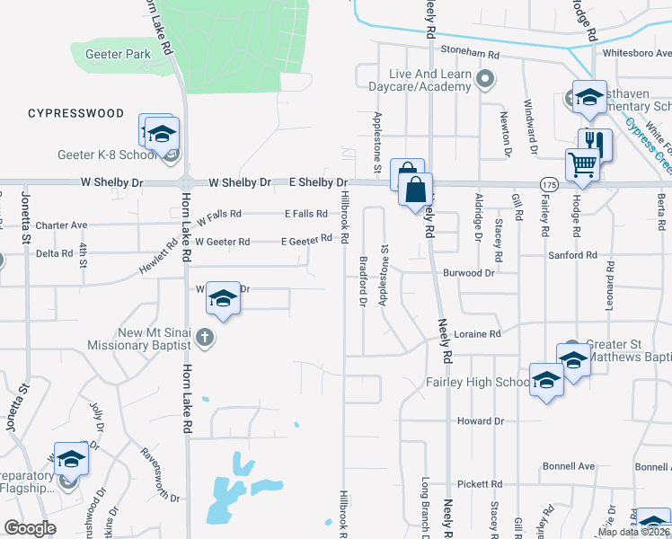 map of restaurants, bars, coffee shops, grocery stores, and more near 4801 Hillbrook Road in Memphis
