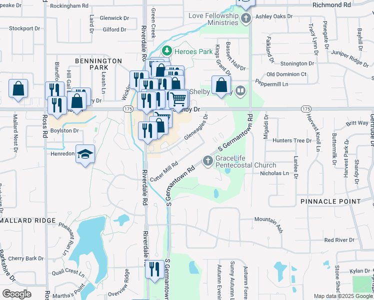 map of restaurants, bars, coffee shops, grocery stores, and more near 7070 Cutter Mill Road in Memphis