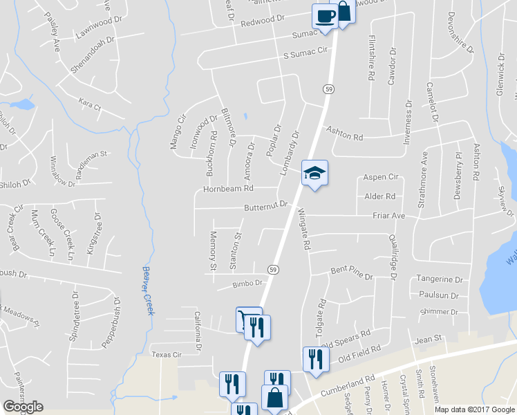 map of restaurants, bars, coffee shops, grocery stores, and more near 5230 Butternut Drive in Fayetteville