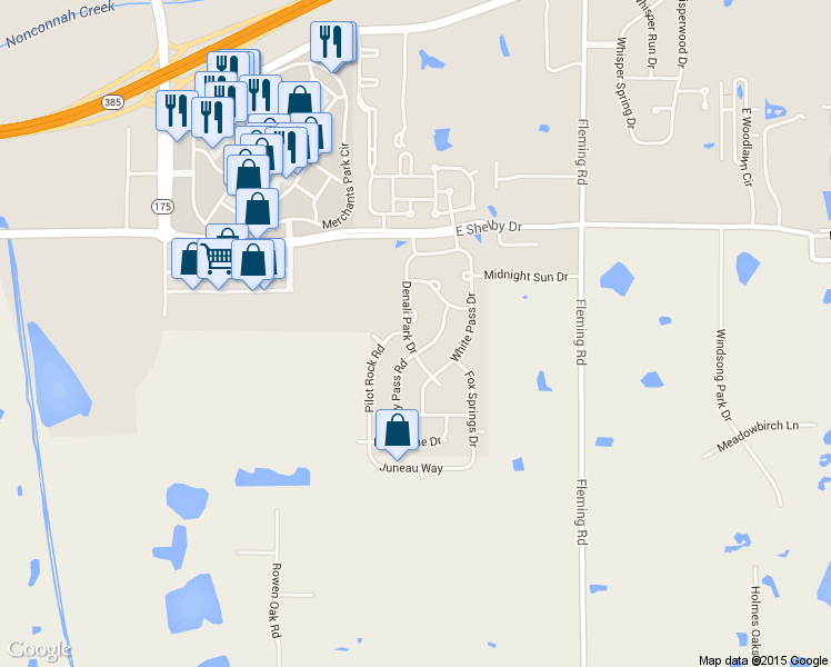 map of restaurants, bars, coffee shops, grocery stores, and more near 4800 Denali Park Drive in Collierville