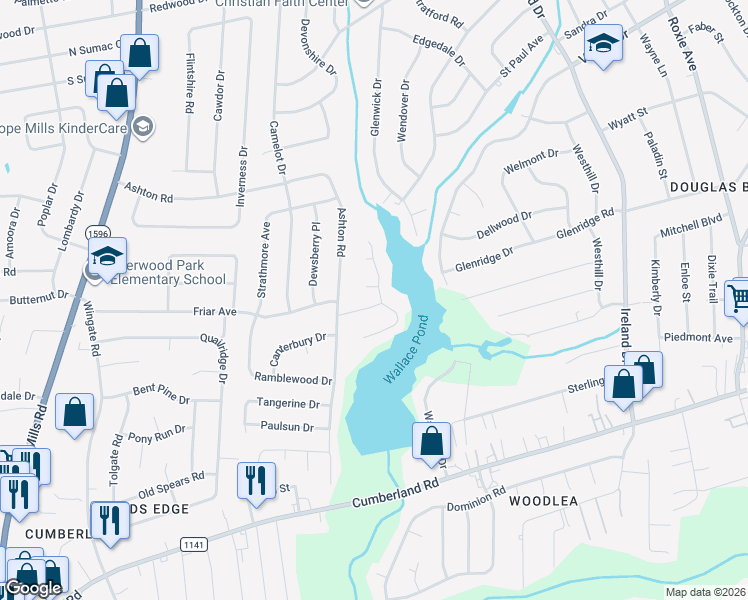 map of restaurants, bars, coffee shops, grocery stores, and more near 4500 Park Knoll Lane in Fayetteville
