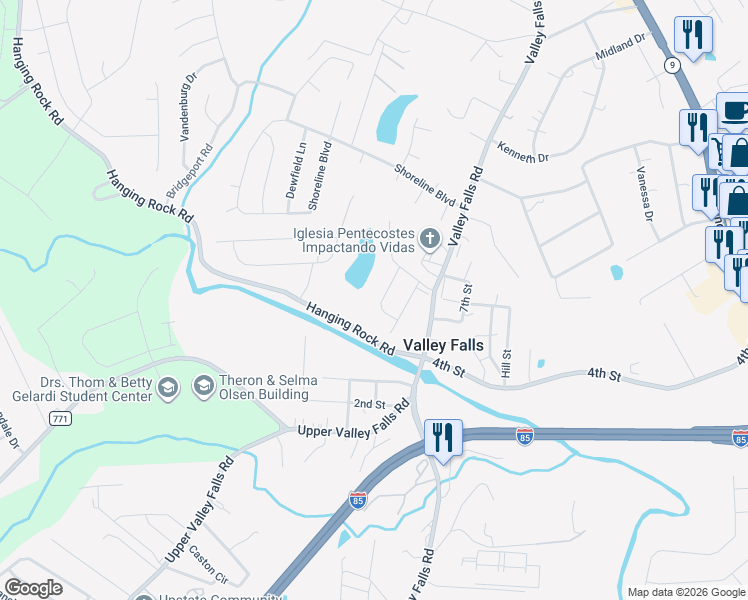 map of restaurants, bars, coffee shops, grocery stores, and more near 340 Evenfall Drive in Boiling Springs