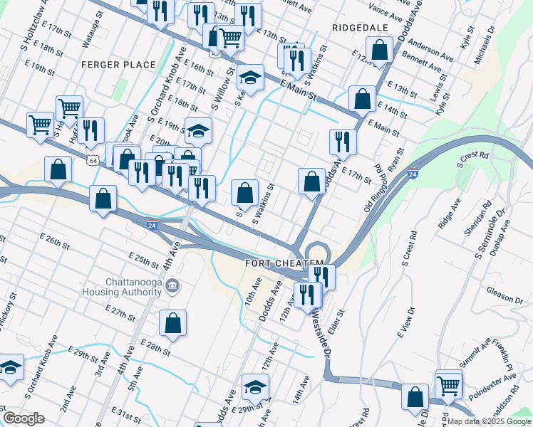 map of restaurants, bars, coffee shops, grocery stores, and more near 2408 East 21st Street in Chattanooga