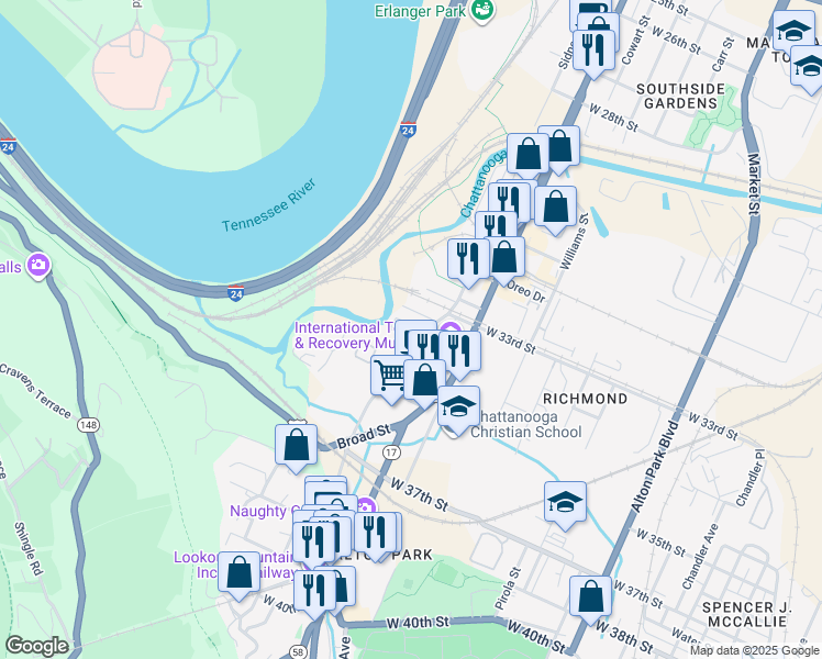 map of restaurants, bars, coffee shops, grocery stores, and more near 3335 Saint Elmo Avenue in Chattanooga