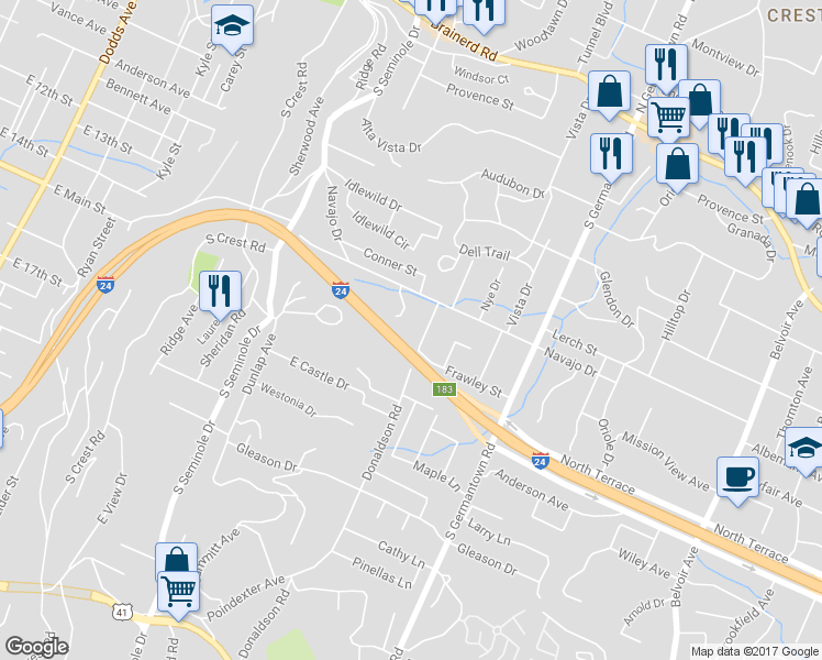 map of restaurants, bars, coffee shops, grocery stores, and more near 407 Donaldson Road in Chattanooga