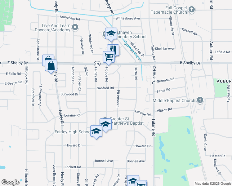 map of restaurants, bars, coffee shops, grocery stores, and more near 4797 Leonard Road in Memphis