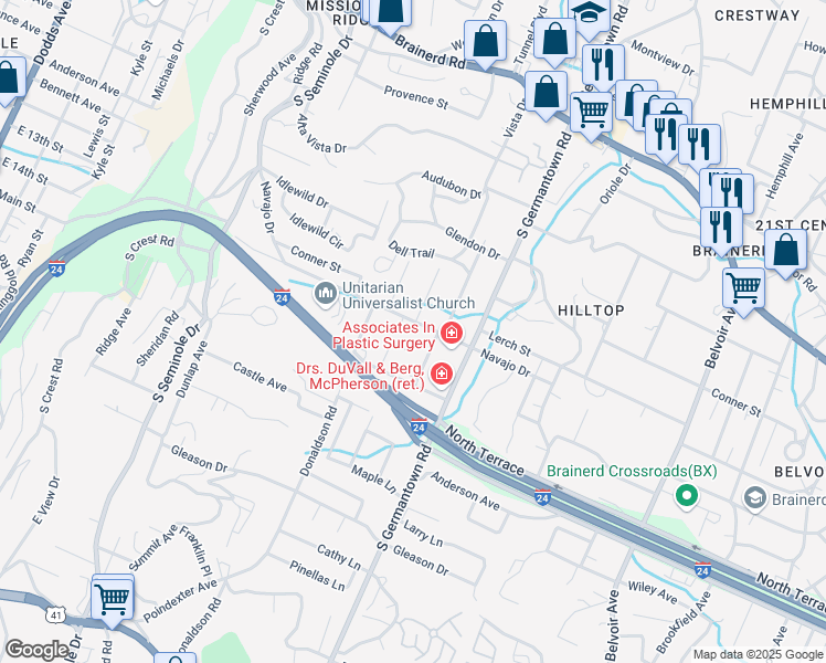 map of restaurants, bars, coffee shops, grocery stores, and more near 3310 Navajo Dr in Chattanooga