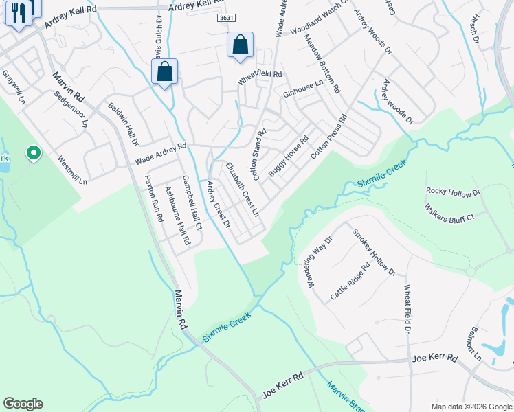 map of restaurants, bars, coffee shops, grocery stores, and more near 10219 Elizabeth Crest Lane in Charlotte