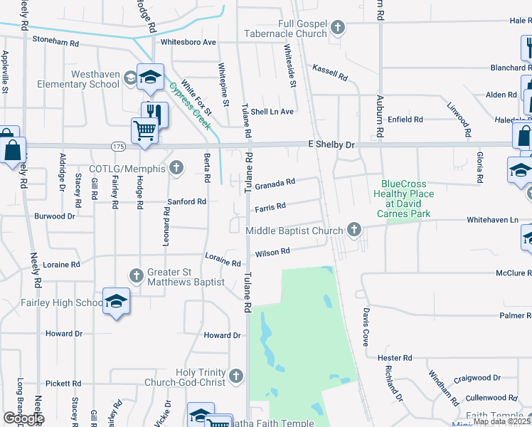 map of restaurants, bars, coffee shops, grocery stores, and more near 661 Farris Road in Memphis