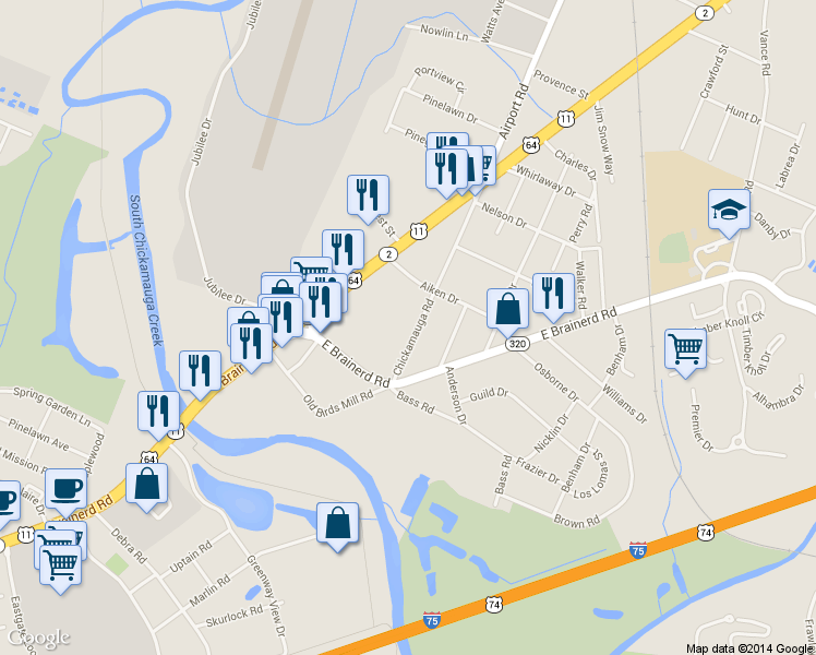 map of restaurants, bars, coffee shops, grocery stores, and more near 119 Chickamauga Road in Chattanooga
