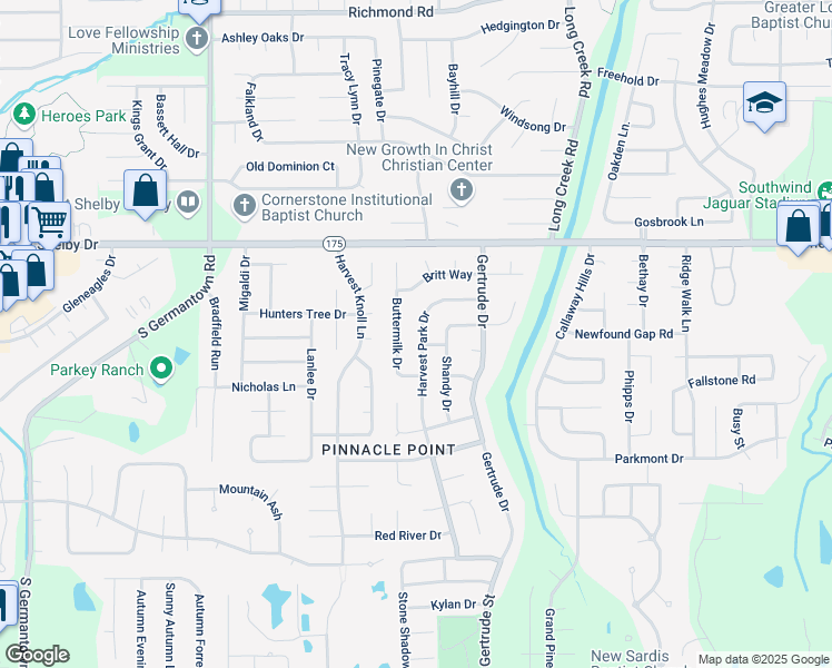 map of restaurants, bars, coffee shops, grocery stores, and more near 4793 Harvest Park Drive in Memphis