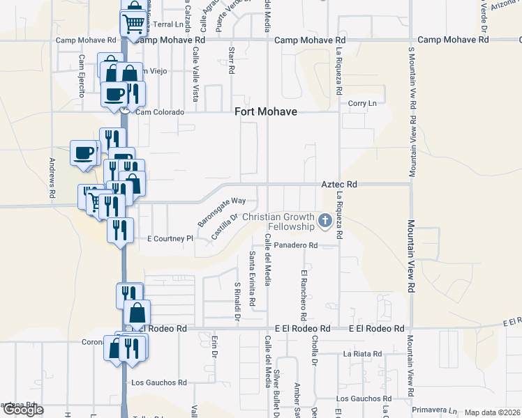 map of restaurants, bars, coffee shops, grocery stores, and more near 4790 Castilla Drive in Fort Mohave