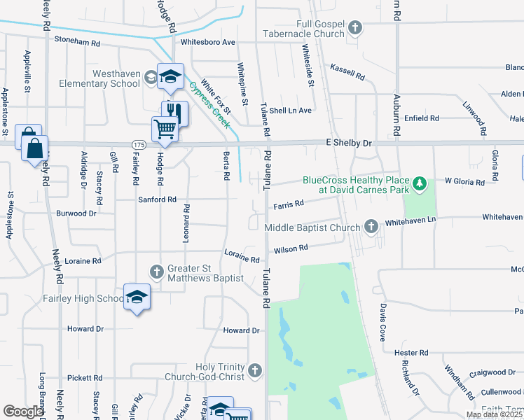 map of restaurants, bars, coffee shops, grocery stores, and more near 4797 Tulane Road in Memphis