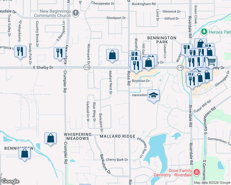 map of restaurants, bars, coffee shops, grocery stores, and more near 4793 Ross Creek Drive in Memphis