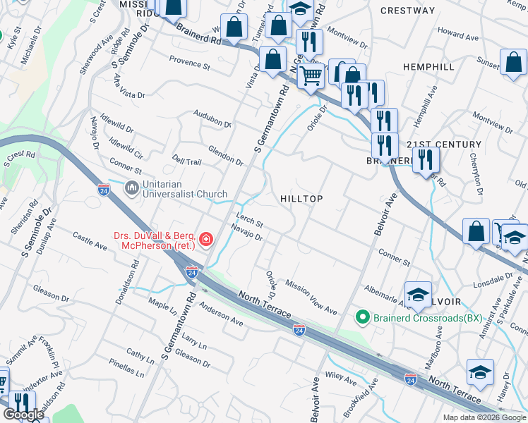 map of restaurants, bars, coffee shops, grocery stores, and more near 3618 Conner Street in Chattanooga