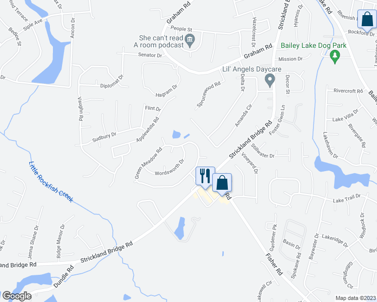 map of restaurants, bars, coffee shops, grocery stores, and more near 1907 Wordsworth Drive in Fayetteville