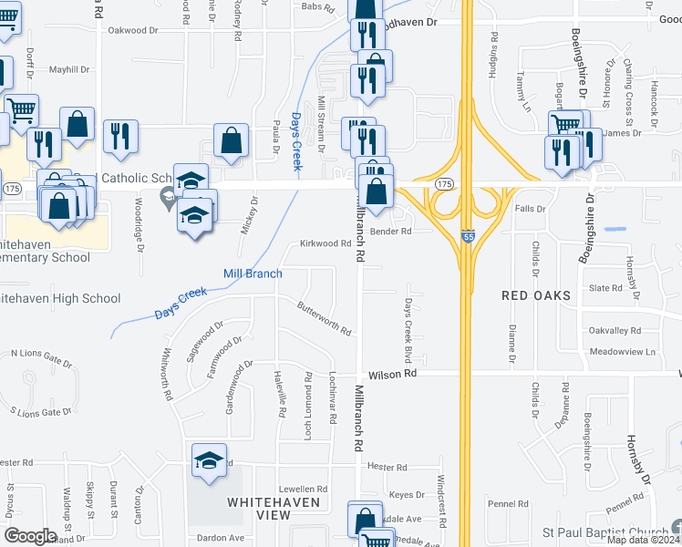 map of restaurants, bars, coffee shops, grocery stores, and more near 4802 Rickard Road in Memphis