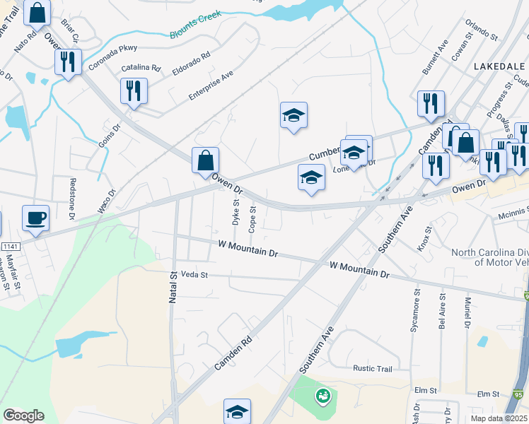 map of restaurants, bars, coffee shops, grocery stores, and more near 2430 Owen Drive in Fayetteville
