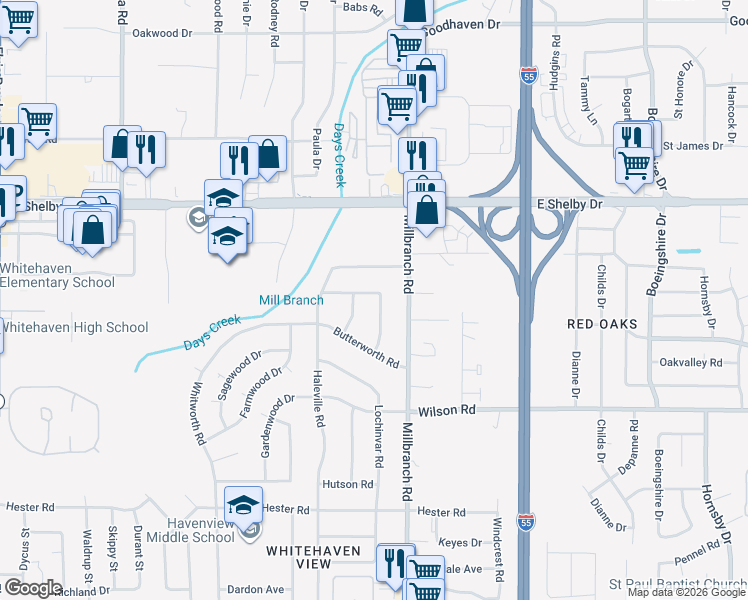 map of restaurants, bars, coffee shops, grocery stores, and more near 4801 Rickard Road in Memphis