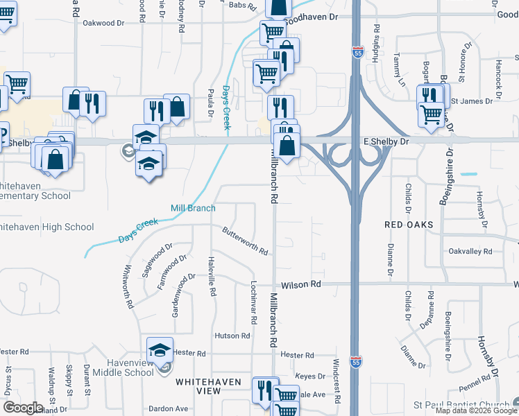 map of restaurants, bars, coffee shops, grocery stores, and more near 4801 Rickard Road in Memphis