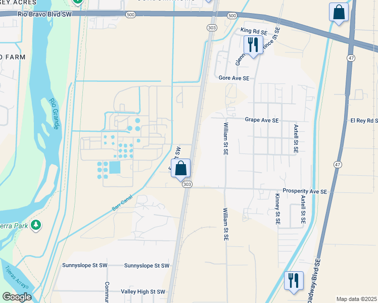 map of restaurants, bars, coffee shops, grocery stores, and more near 4301 2nd Street Southwest in Albuquerque
