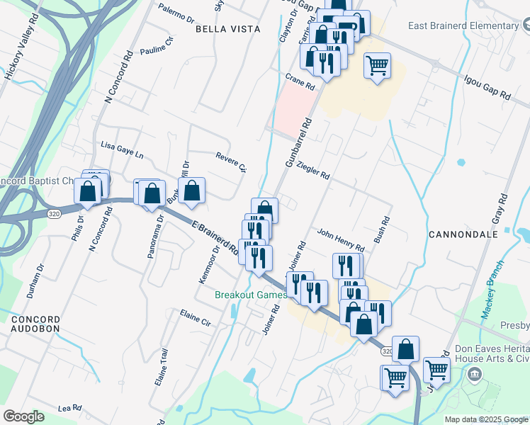 map of restaurants, bars, coffee shops, grocery stores, and more near 1515 Gunbarrel Road in Chattanooga