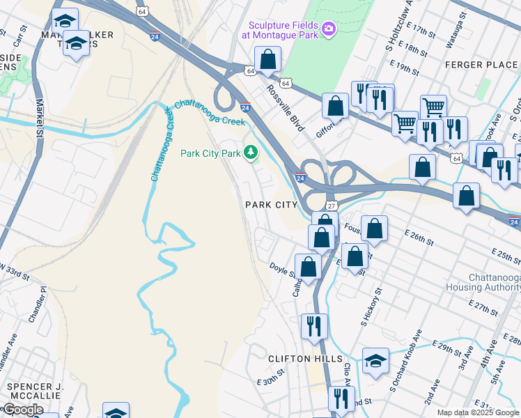 map of restaurants, bars, coffee shops, grocery stores, and more near 2737A Cannon Avenue in Chattanooga