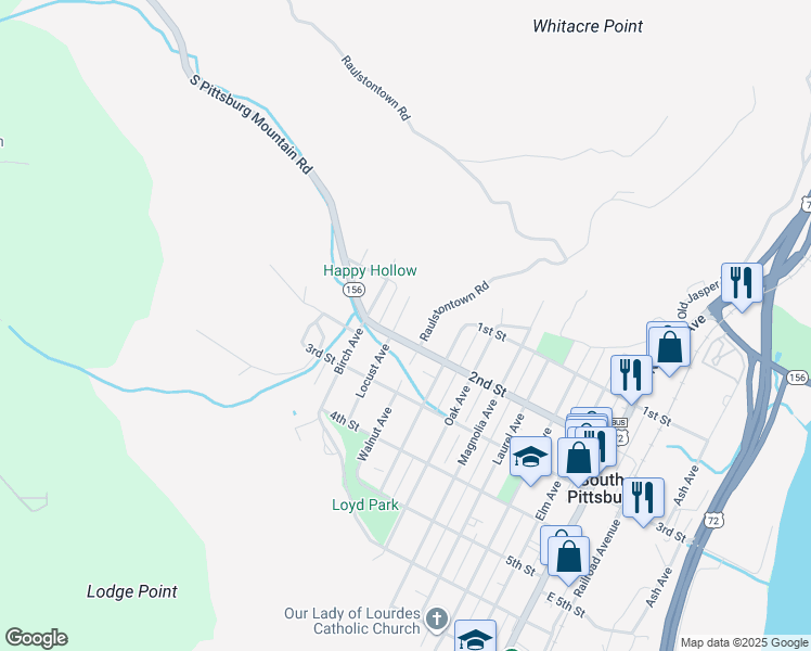 map of restaurants, bars, coffee shops, grocery stores, and more near 147 Raulstontown Road in South Pittsburg