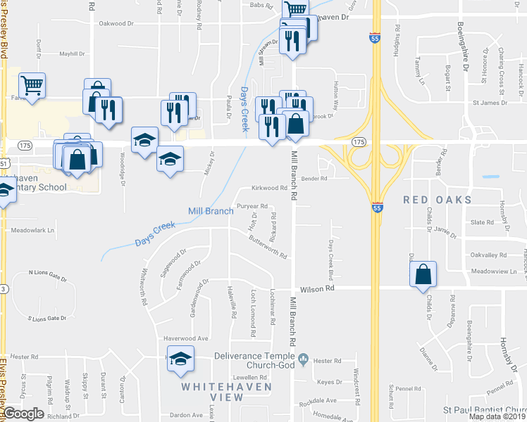 map of restaurants, bars, coffee shops, grocery stores, and more near 4801 Rickard Road in Memphis
