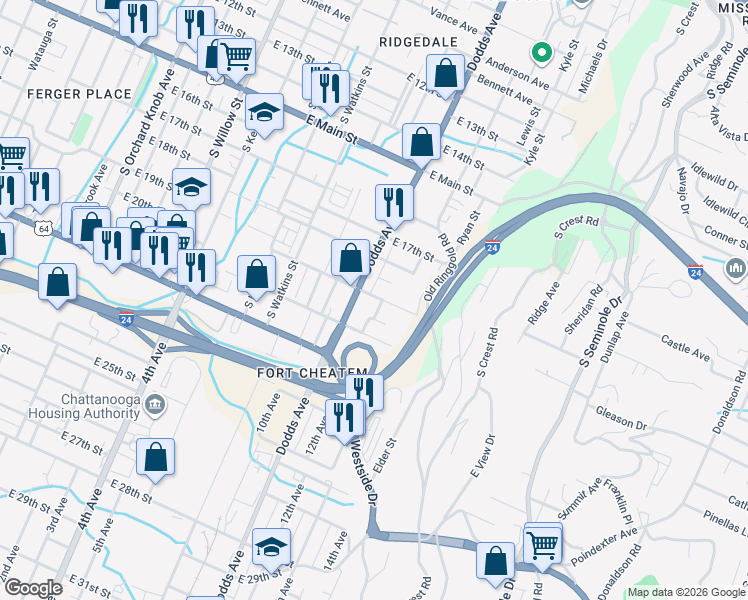 map of restaurants, bars, coffee shops, grocery stores, and more near in Chattanooga