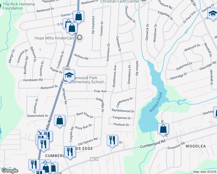 map of restaurants, bars, coffee shops, grocery stores, and more near 4720 Friar Avenue in Fayetteville
