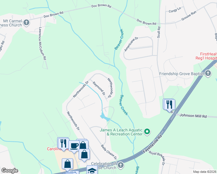 map of restaurants, bars, coffee shops, grocery stores, and more near 516 Northwoods Drive in Raeford