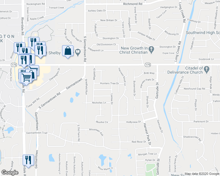 map of restaurants, bars, coffee shops, grocery stores, and more near 7334 Pinnacle Farms Drive in Memphis
