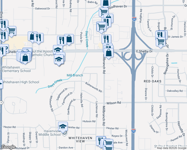 map of restaurants, bars, coffee shops, grocery stores, and more near 4801 Rickard Road in Memphis