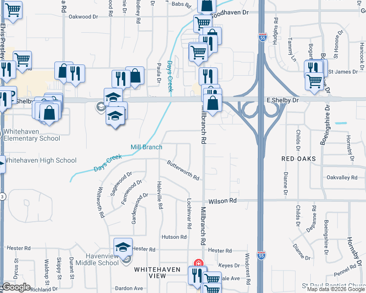 map of restaurants, bars, coffee shops, grocery stores, and more near 1633 Puryear Road in Memphis