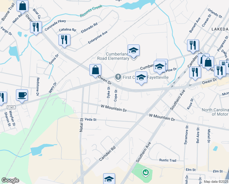 map of restaurants, bars, coffee shops, grocery stores, and more near 3008 Cope Street in Fayetteville