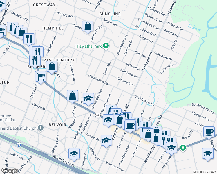 map of restaurants, bars, coffee shops, grocery stores, and more near 4608 Old Mission Road in Chattanooga