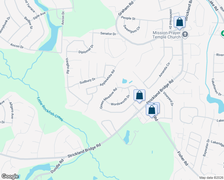 map of restaurants, bars, coffee shops, grocery stores, and more near 6447 Green Meadow Road in Fayetteville