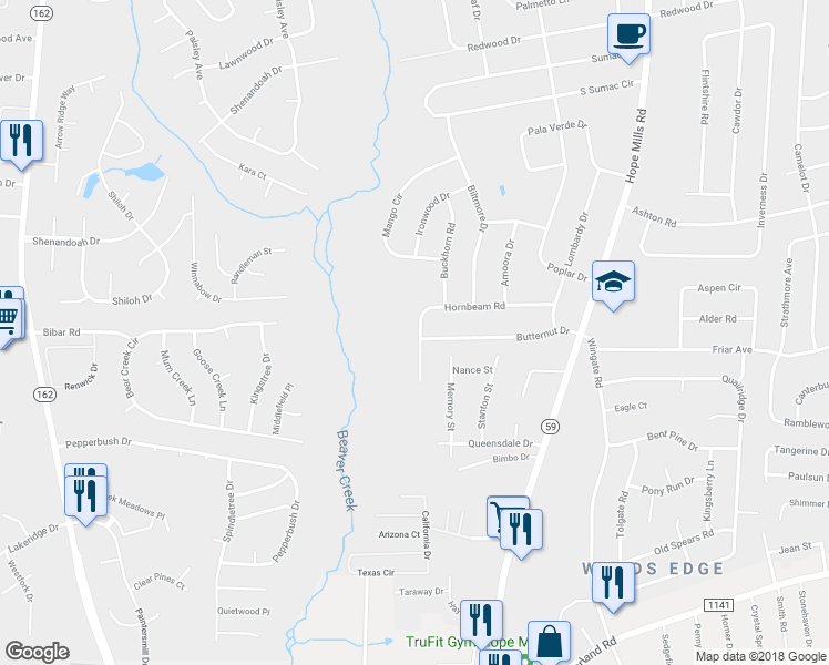 map of restaurants, bars, coffee shops, grocery stores, and more near 5272 Hornbeam Road in Fayetteville