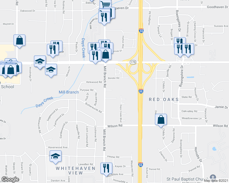 map of restaurants, bars, coffee shops, grocery stores, and more near 1723 Kirkwood Cove in Memphis